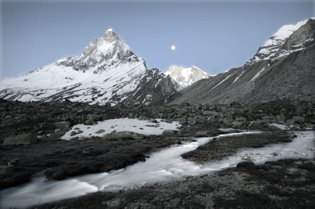 The moon sets over Ganga from behind Mt Shivling